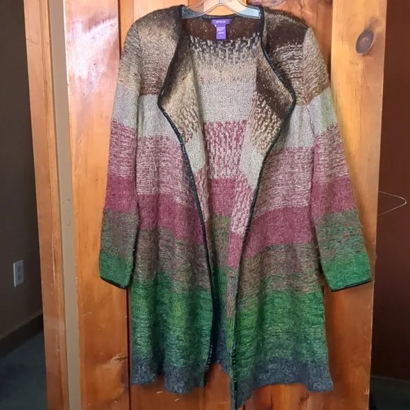 OLIVIA M* longline faux leather trimmed long sleeve duster sweater various color - Picture 5 of 12